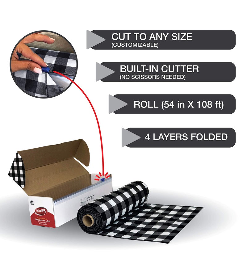Neatiffy Disposable Plastic Table Cloth Roll | 54 in x 108 Ft Waterproof Tablecloth | Table Cover for Rectangle, Square, Round Oval Tables | Picnic, Party, Banquet, Birthdays, Weddings, BlackCheckered - Image 4